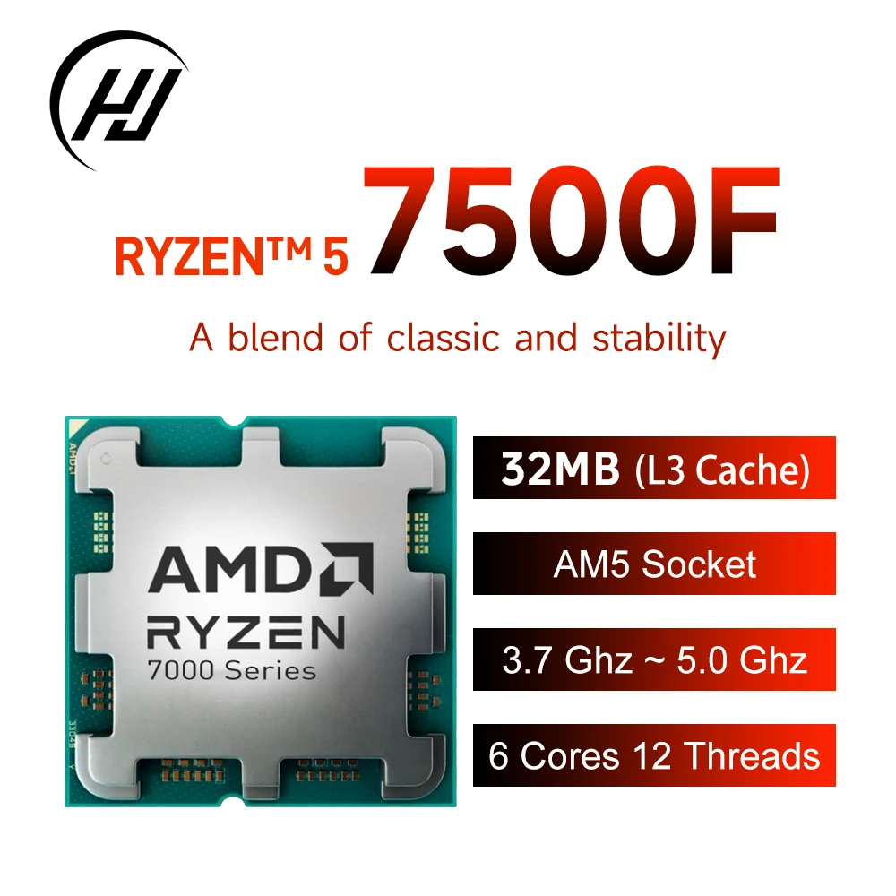 【Marca +】AMD Ryzen 5 7500F R5 7500F 3,7 GHz procesador de CPU de 6 núcleos y 12 hilos 5NM L3 = 32M 100-000000597 Socket AM5 sin enfriador