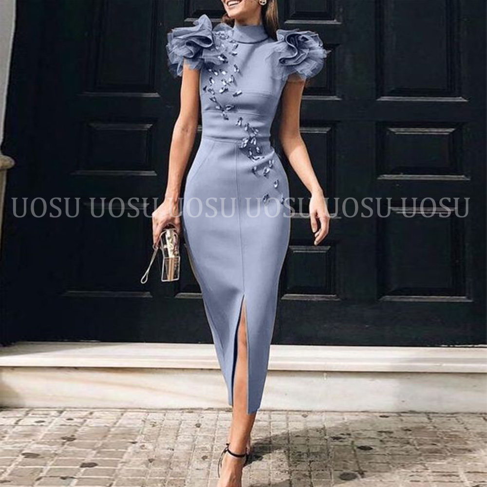 Meerjungfrau Prom Kleider Mit High Neck Perlen Rüschen Vorne Split Satin Frauen Formale Abendkleid Tee Länge Mutter Party Kleider