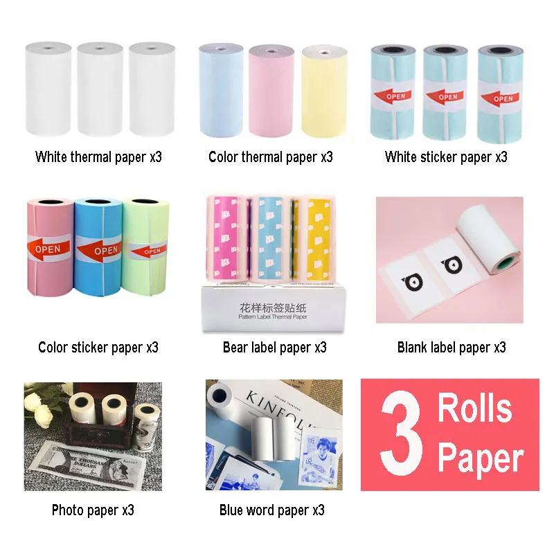 Rouleaux de papier thermique pour imprimante photo, papier autocollant, papier photo, papier pour PeriPage, PAPERANG, Phomemo, Poooli, 3 rouleaux