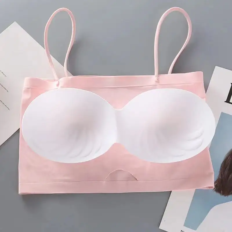 Bralette feminino sem costura – regata acolchoada sem fio, alças finas, colete de sutiã elástico macio sem costas