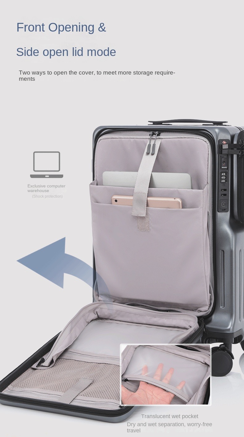 Mala de mão multifuncional com abertura frontal para laptop, mala de embarque com carregamento USB, 20 polegadas ABS + PC, bagagem de viagem