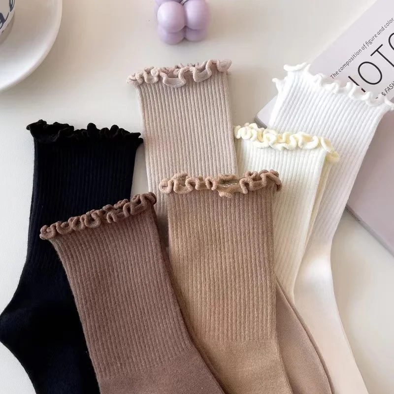 Calcetines de longitud media con volantes para mujer, conjunto de Color sólido transpirable, cómodo y absorbente de sudor, primavera y otoño, lote de 6 pares