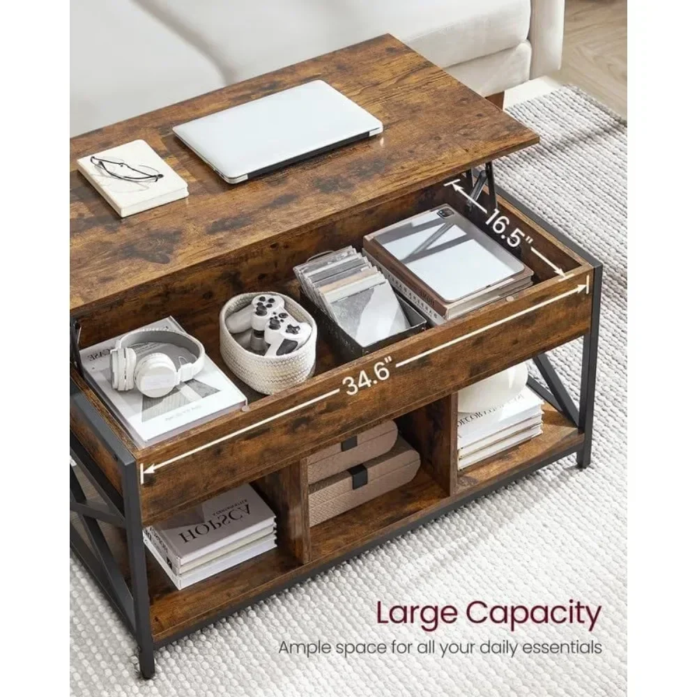 Mesa de centro elevatória, mesa de centro elevatória com prateleira de armazenamento, compartimentos ocultos e tampo elevatório, para sala de estar, escritório