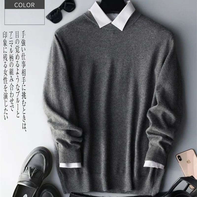 Herrenpullover aus 100 % reiner Wolle und Kaschmir, O-Ausschnitt-Pullover, Strickpullover, Herbst und Winter, neue Langarm-High-End-Pullover-Oberteile