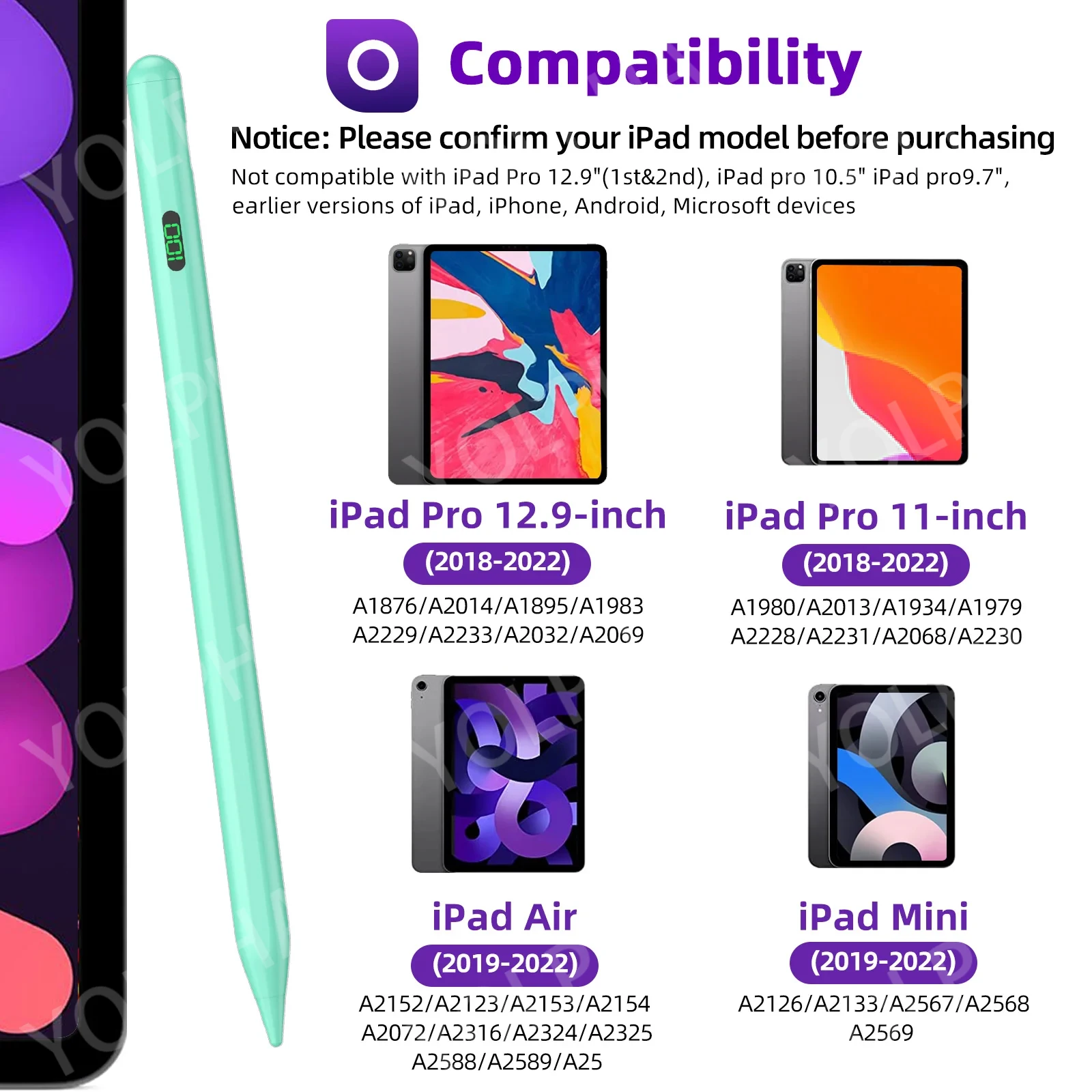 Stylus Pen for iPad 9th&10th Generation Active Pencil With Digital Power Display for Apple iPad Pro11&12.9 inch, iPad Air 3/4/5