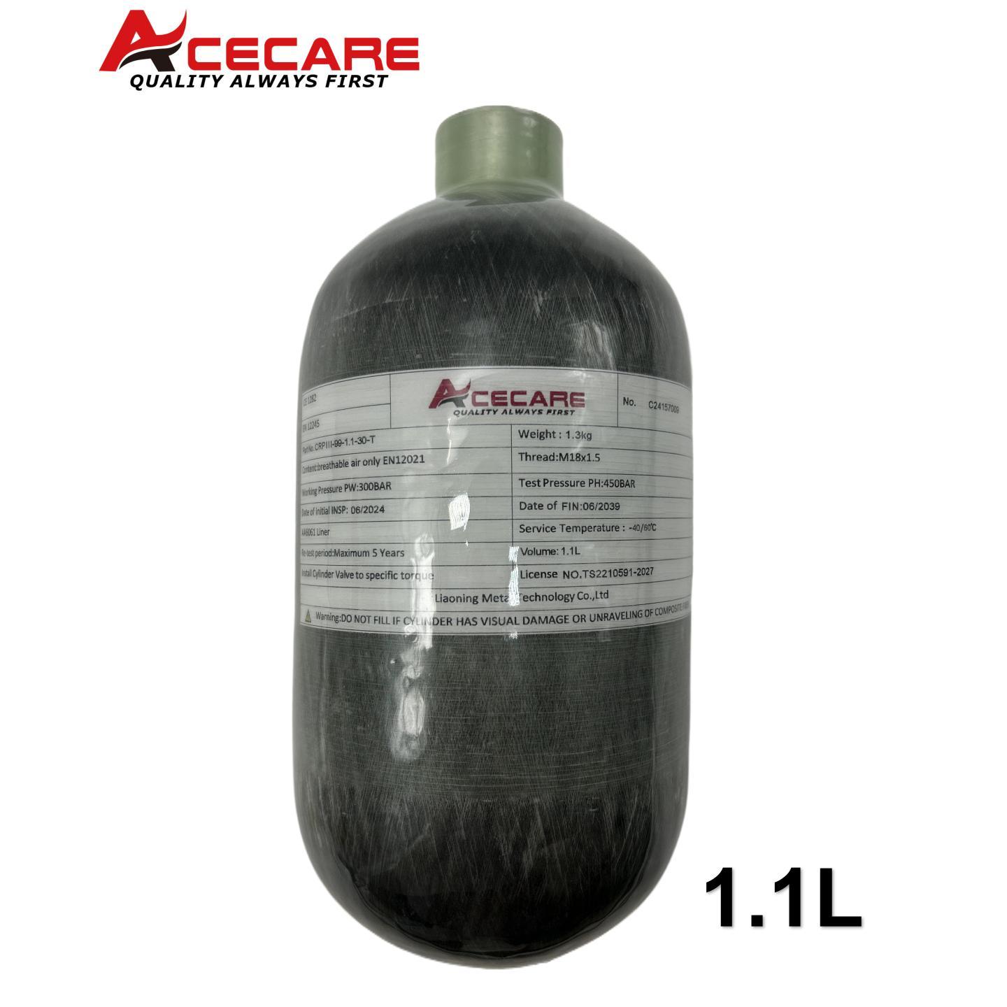 Acecare 4500Psi 300Bar 1.1L Koolstofvezel Cilinder Hogedruk Luchtfles HPA Tank Mini Scuba M18 * 1.5