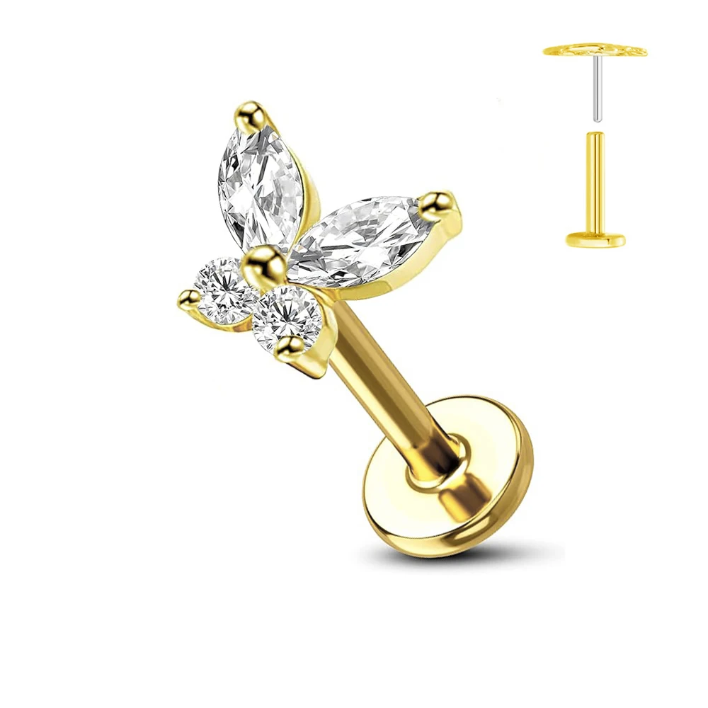 ASTM F136 G23 Titanium Flower Threadless Earring Piercing Petals Leaf Heart Butterfly Pin Daith Conch Push in Labret Stud