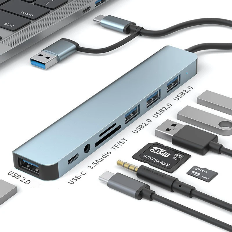8 en 1 USB C Expansor Hub Tipo-C Splitter Multipuerto Adaptador Dock para Xiaomi Teléfono Tablet USB 3.0 con 4K DisplayPort
