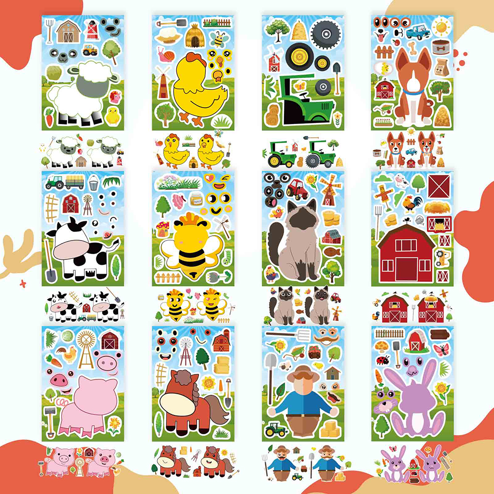 6/12Sheets Children Make a Face DIY Animals Puzzle Stickers Create your own Cat Pig Cow Kids Assemble Jigsaw Toys Reward Decals
