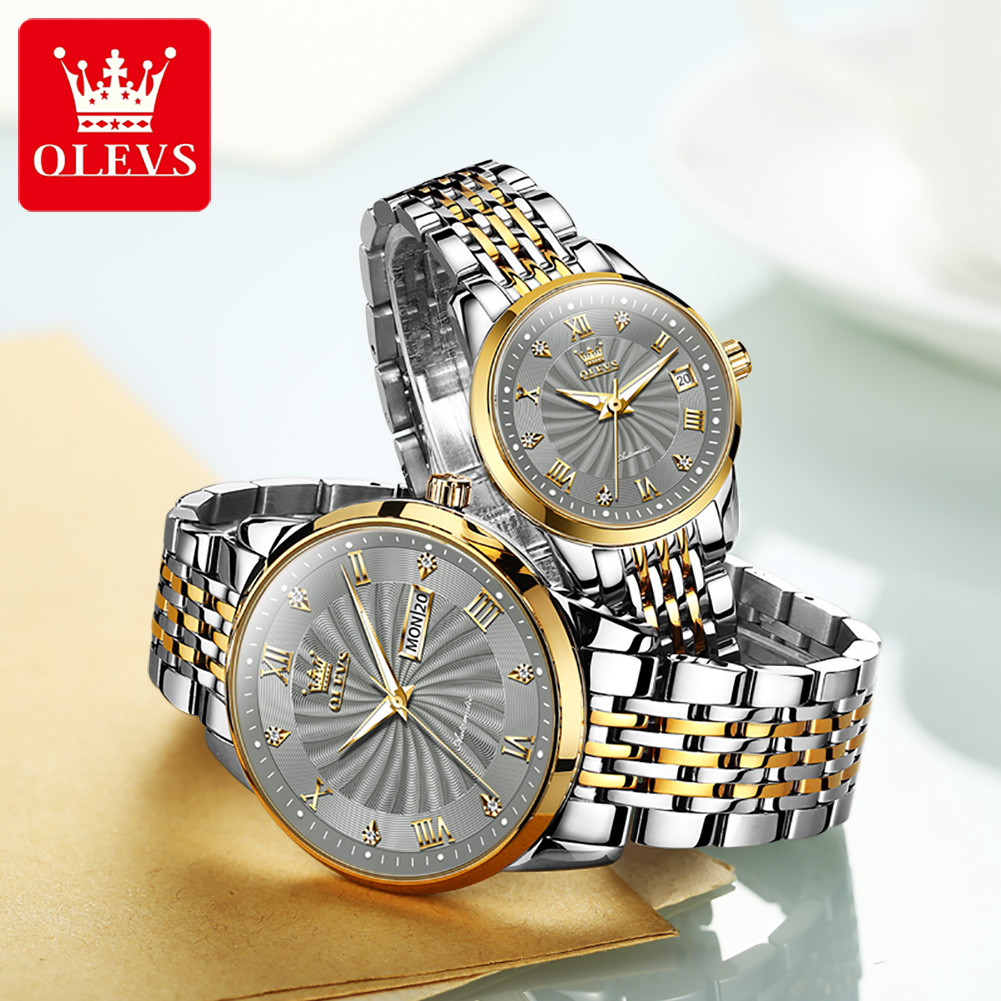 OLEVS นาฬิกาข้อมือคู่รักสแตนเลสสตีลกันน้ำได้, นาฬิกาคู่รัก