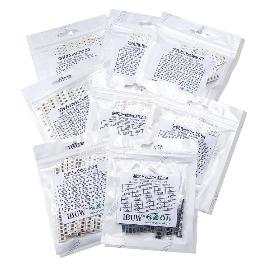 200 Uds 660 Uds 720 Uds 4000 Uds 0402 0603 0805 1206 1210 2512 kit de resistencia smd igmopnrq kit surtido 10k 100k 1k 1r 100r 220r 1% 5%