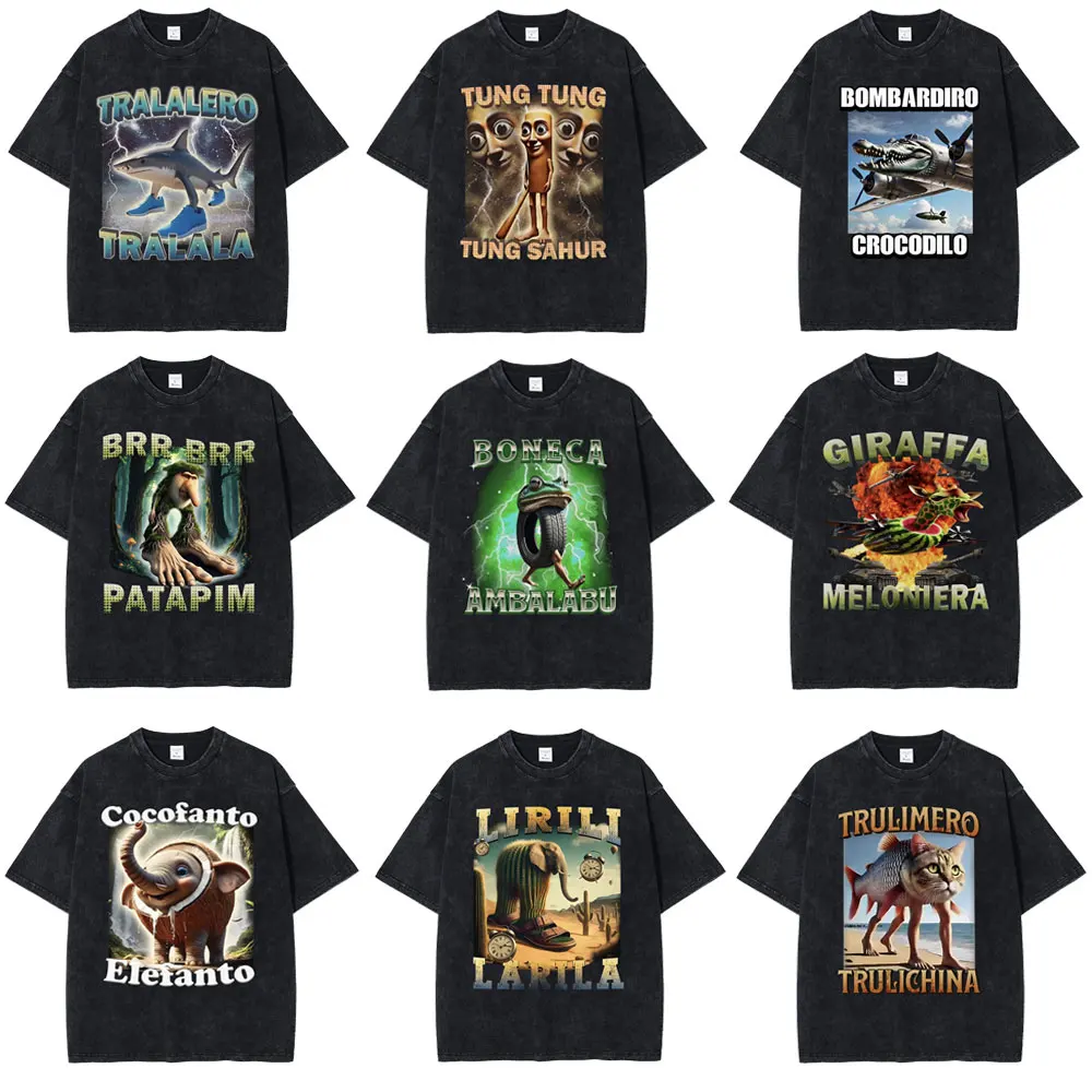Italian Brainrot Funny Meme T-shirt Tralalero Tralala Tung Tung Tung Sahur Bombardiro Crocodilo Brr Brr Patapim Washed T shirts