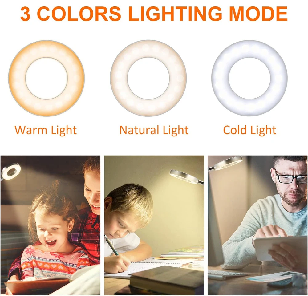 Lámpara de escritorio de 48 LED con clip, luz de libro USB, mesita de noche 360 °   Brillo flexible de la luz de lectura del cuello de cisne de la protección ocular ajustable nivel 3
