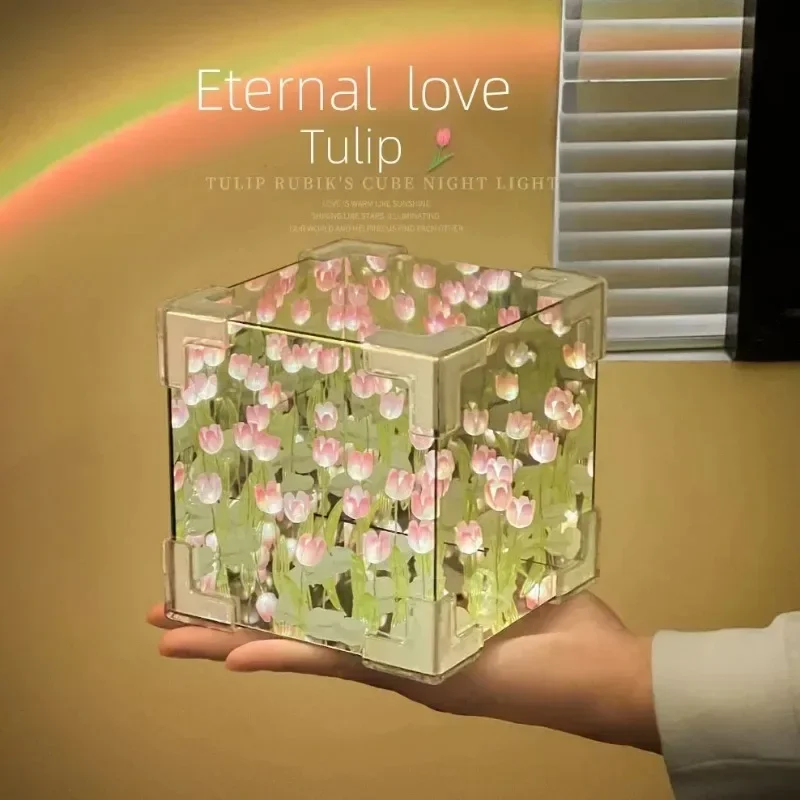 Diy artesanal tulipa espelho cubo lâmpada simulação flor quarto dormir candeeiro de mesa artesanato tulipas espelho luz da noite presente aniversário