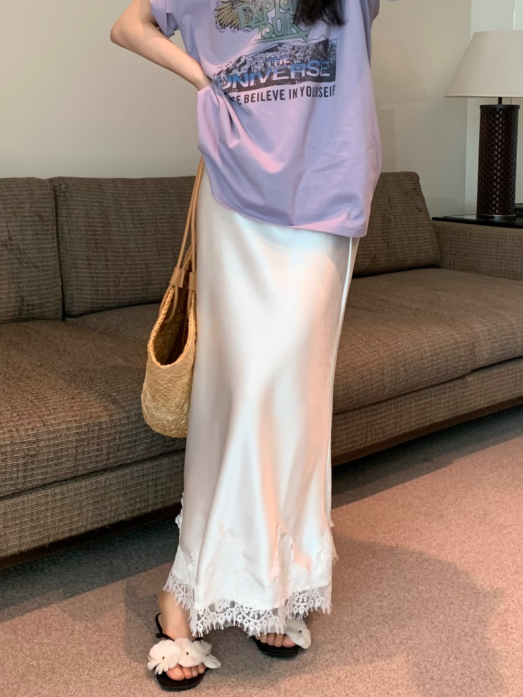 Elegante lange rokken voor dames zomer hoge taille kanten satijnen rok dames A-lijn Koreaanse mode effen kleur losse damesrok