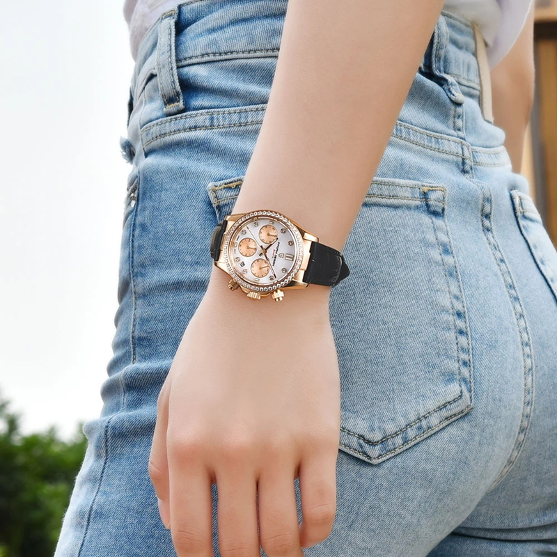 PAGANI DESIGN Damen-Automatik-Quarzuhr, luxuriös, Saphirglas, Leder, wasserdichte Uhr, multifunktionales Chronometer für Damen