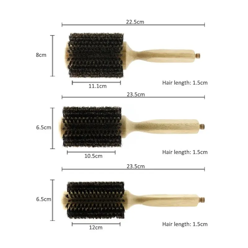 Professional 6 ขนาดตัดผม Salon ไม้ Handle Boar ขนแปรงรอบแปรงหางที่ถอดออกได้ช่างทําผมแปรงผมผมรอบหวี