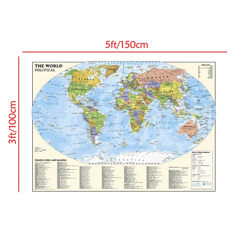 국가 인덱스 및 위치 부직포 캔버스 페인팅 벽 아트 포스터, 세계 지도, 가정 학교 용품, 여행 지도, 150x100cm