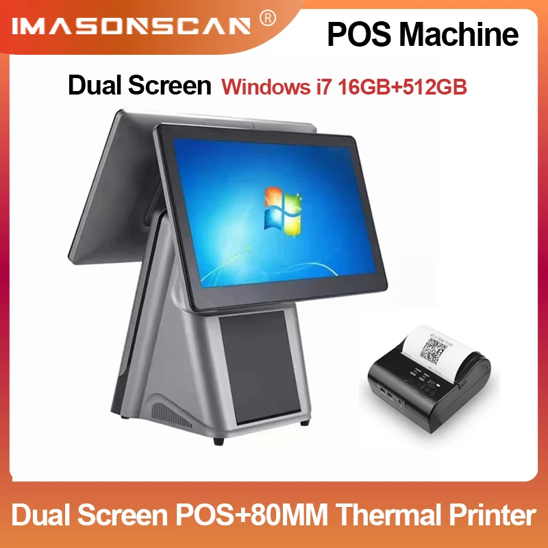 Windows i7 13-я POS-машина, 16 ГБ ОЗУ, 512 ГБ SSD, двойной сенсорный экран, точка продажи, 15,6 дюйма + 11,6 дюйма, портативный принтер 80 мм