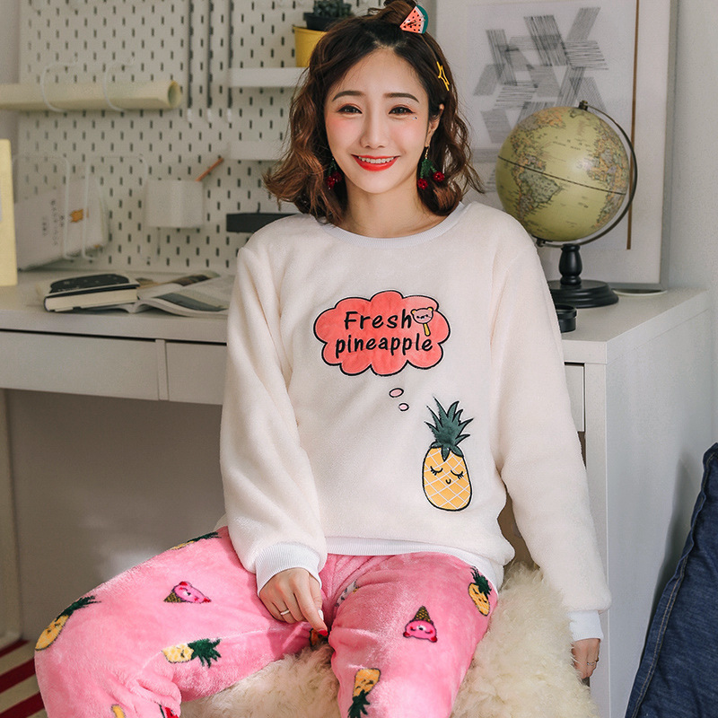 Manga comprida gato abacaxi estampa flanela pijama para senhoras, espessado quente, loungewear escolar, pijama de pescoço redondo, inverno
