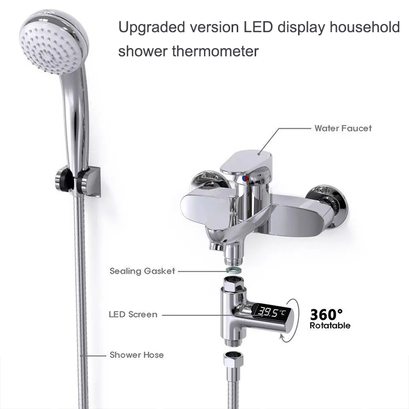 LED-Anzeige für den Haushalt, Wasserduschthermometer 5–85 ℃ Flow Self-powered Wasserthermometer Überwachung Baby Care Energy Smart Meter