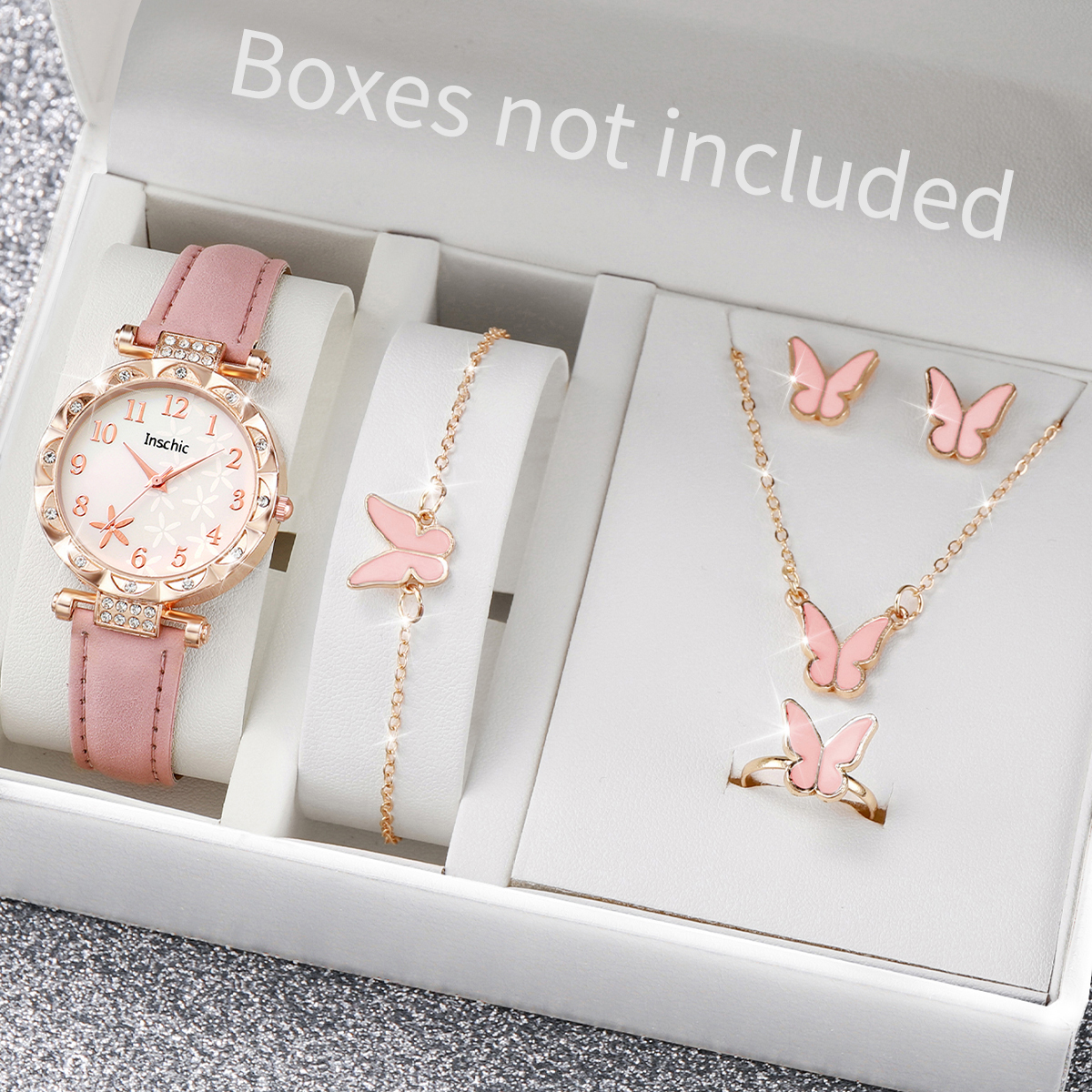6 stks/set dameshorloge mode bloemen lederen band analoge quartz horloges vlinder sieraden set (zonder doos)