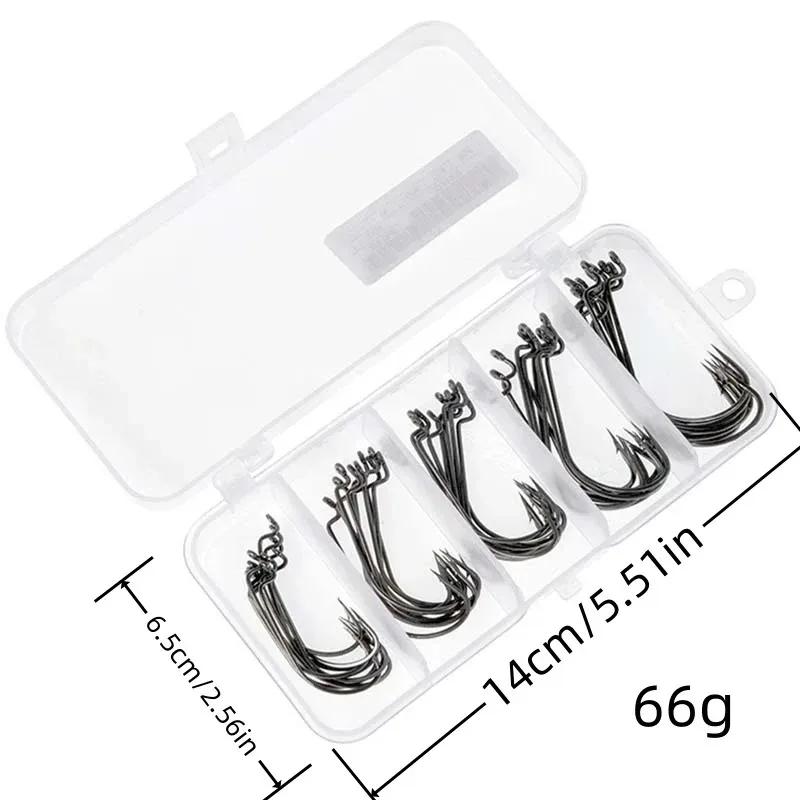 50 ชิ้นกล่องตะขอตกปลาชุด Jig Crank ตะขอหนามสูงคาร์บอนสแตนเลสกว้าง Gap Offset Fishhook Soft Worm Sea Hook Tackle