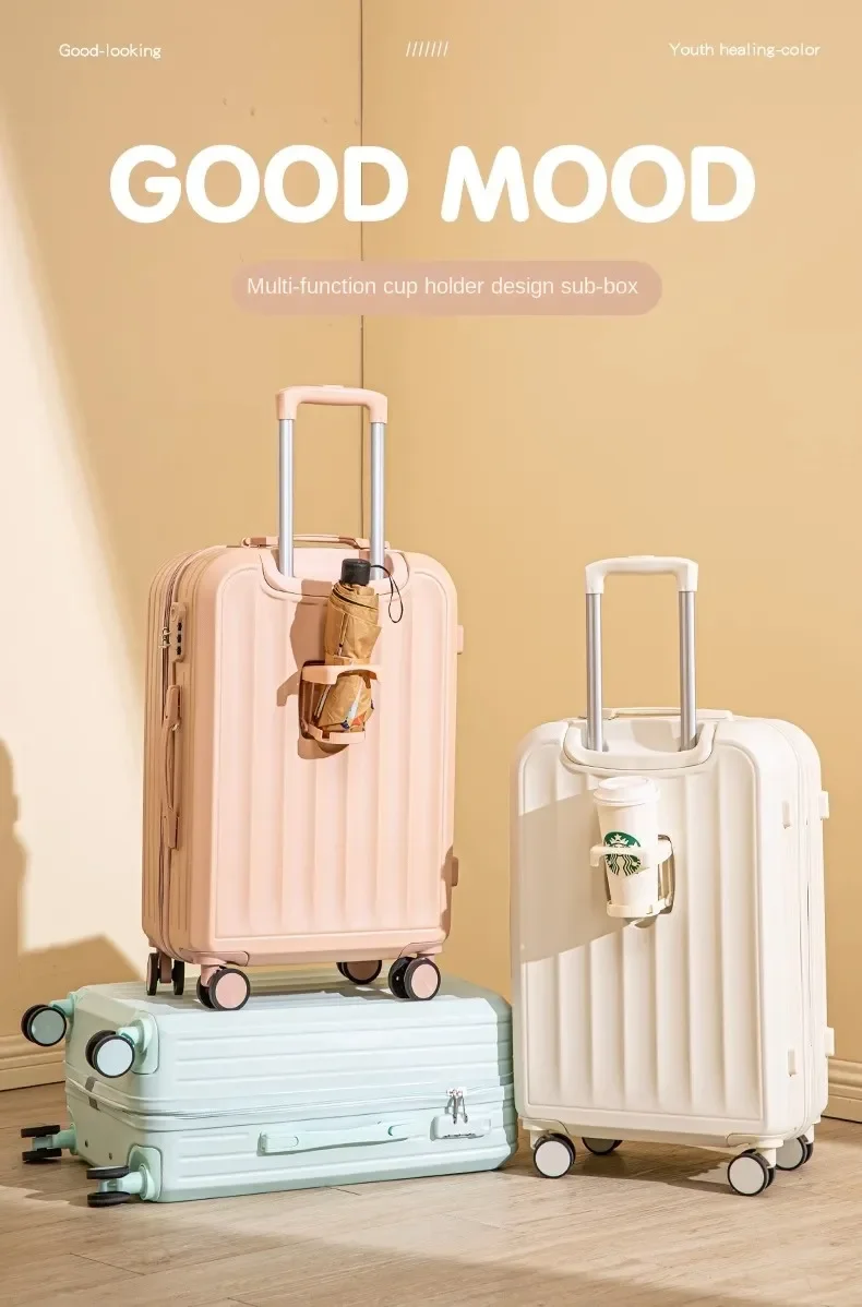 Grande Capacidade Rolling Mala Set, Leve Trolley Case com porta-copos, continuar na cabine, moda, 20"