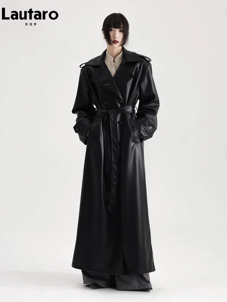 Lautaro-gabardina extralarga de cuero Pu para mujer, abrigo negro suave con doble botonadura, holgado, informal, moda coreana, primavera y otoño, 2024