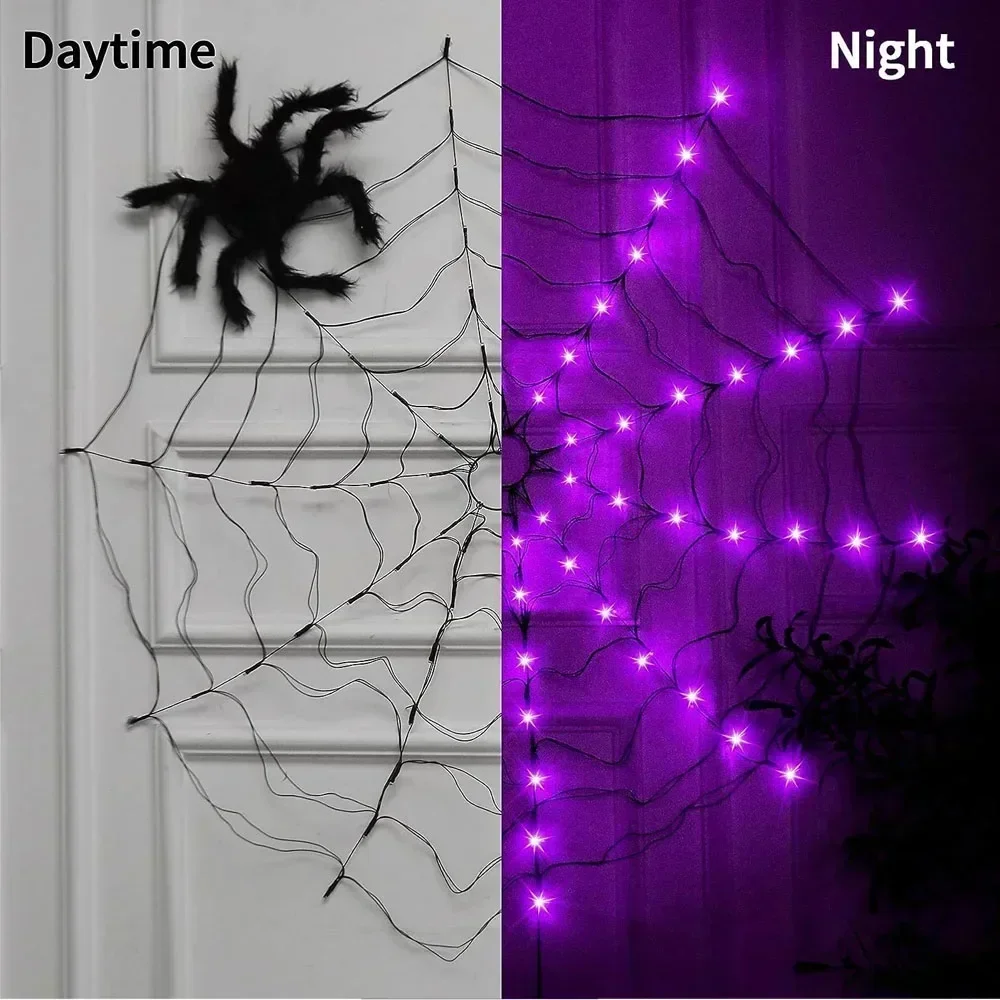 Impermeável Spider Web Lights para Halloween, Bateria, Decoração interior, Holiday Festival, ao ar livre, 70 LED