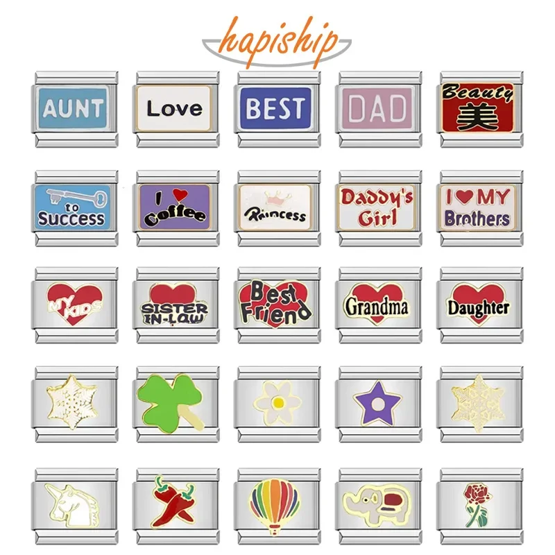 Hapiship Popular amor unicornio elefante mejor amigo papá flor encanto enlaces ajuste 9mm pulsera de acero inoxidable hacer joyería DJ026