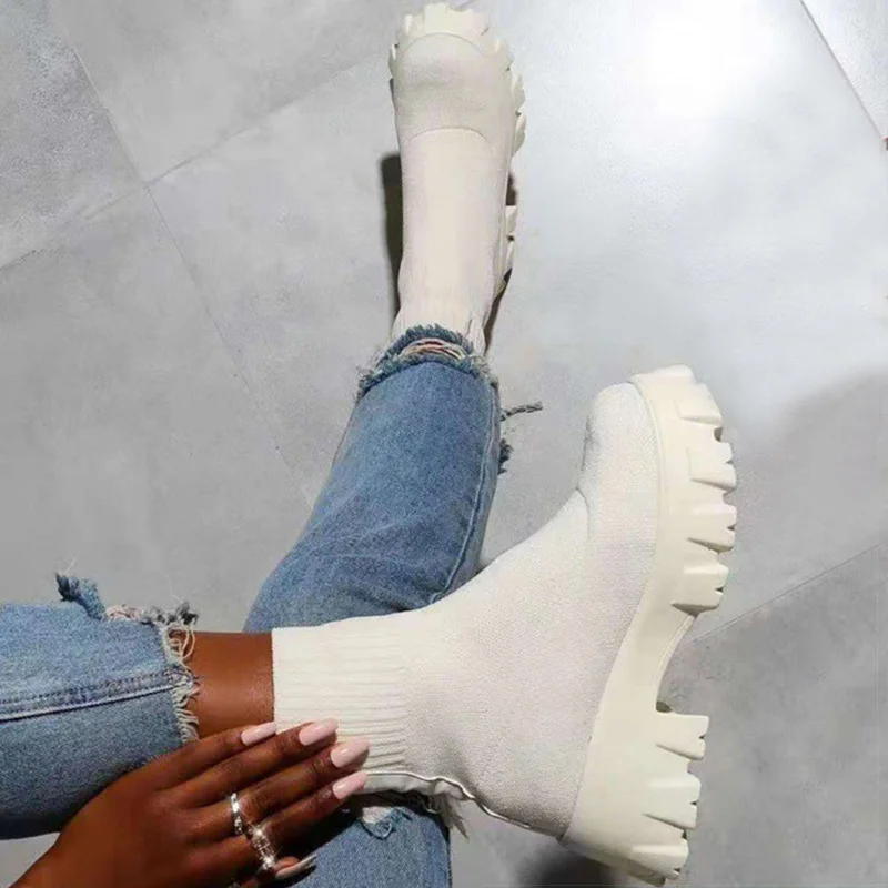 Botas de Mujer, Botas de plataforma blancas para invierno y otoño, Botas femeninas, calcetines, botines, zapatos de plataforma, botines de tacón para Mujer