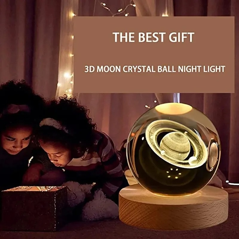 Bola de cristal led night light colorido 3d saturno sistema solar lua candeeiro mesa usb quarto atmosfera lâmpada para aniversário presente do miúdo