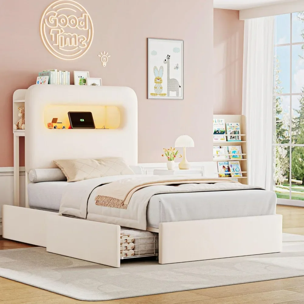 Twin LED Bed Frame with Storage Headboard and Charging Station, Kids Bed Frame, Upholstered Platform Bed Frame with Bookcase