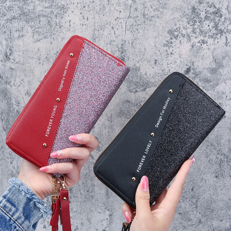Glitter Shining Wallet New Long Women's Zipper Wallet - Korean Splicing, Color Contrast, Tassel, and Rivet Details