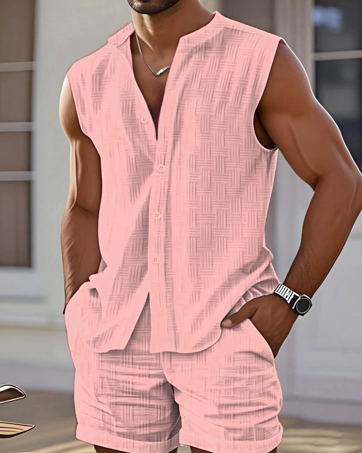 Herren-Sommer-Set, lässig, Strand, Stehkragen, Jacquard, einfarbig, ärmelloses Hemd und Shorts, modisch, bequem, zweiteilig