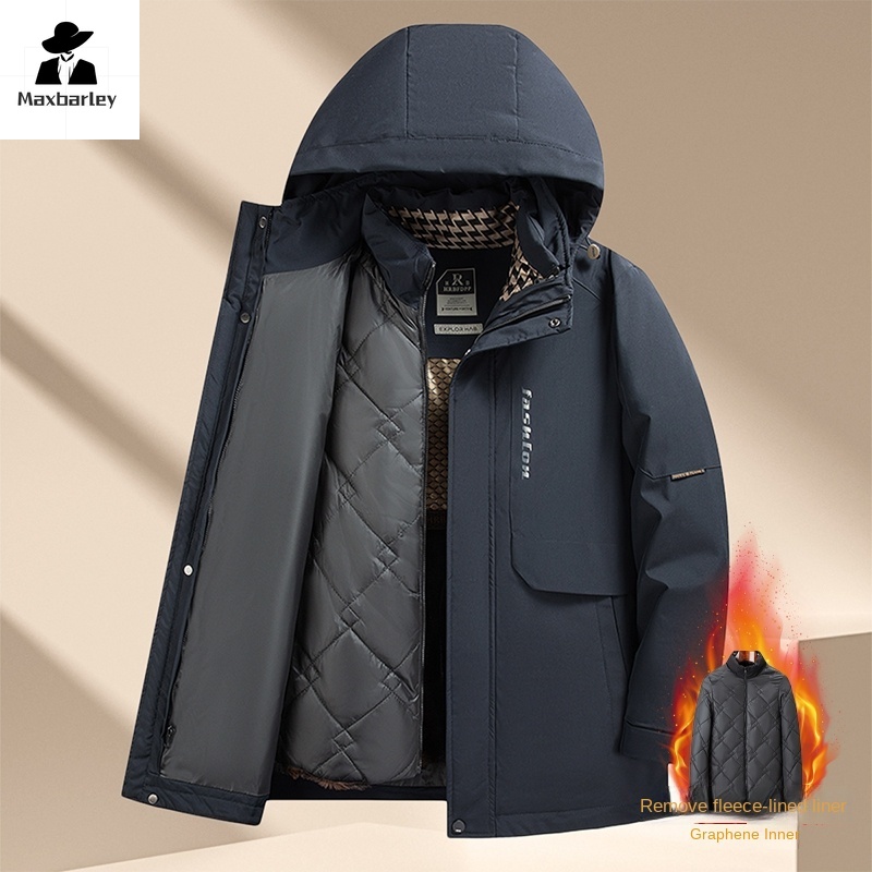 Herren-Winterjacke, modisch, dick, warm, 3-in-1, abnehmbarer Graphen-Innenfutter, Daunen-Baumwollmantel, Herren-Business-Mantel mit Kapuze, wasserdichter Parka