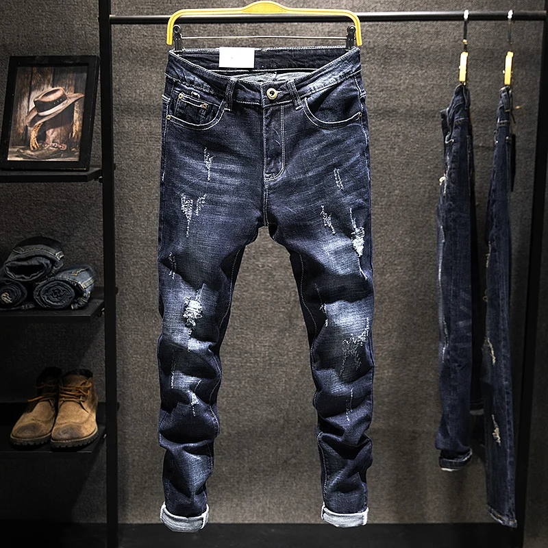 2025 New Ripped Jeans Men Slim-fit Denim Pants Cotton Korean Style Fashion Elasticity Versatile Blue Black Men's Clothing
