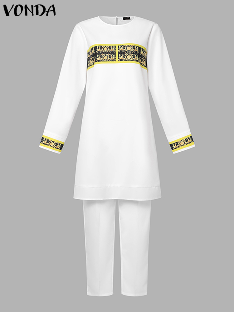 Vonda-ヴィンテージプリントの女性用パンツセット,長袖,エレガントでカジュアル,伸縮性のあるウエスト,パンツとトップス,ラージサイズ,秋,2024