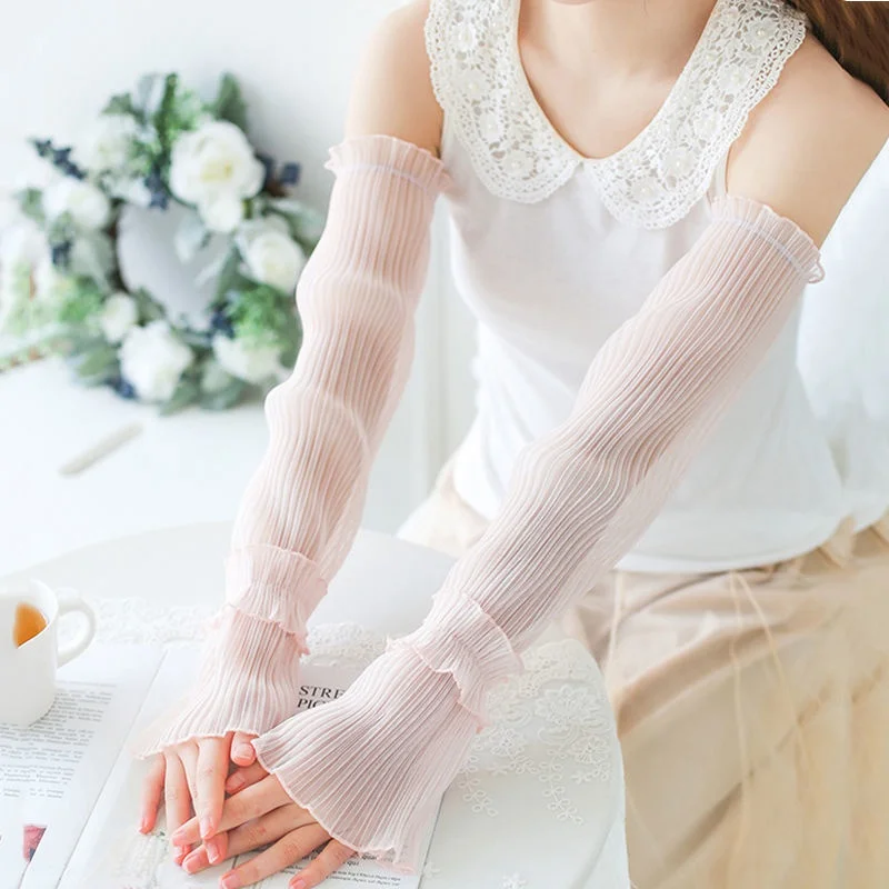 夏ロング指なし手袋女性日焼け止め袖手袋女性薄型レースメッシュアームスリーブ日焼け止め Uv 通気性ミトン