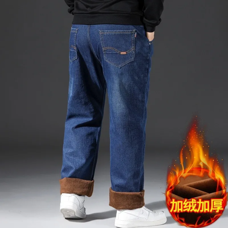 PLUS ขนาด DENIM กางเกงยีนส์ผู้ชายหนาฤดูใบไม้ร่วงและฤดูหนาวขนแกะกางเกงหลวมตรงคุณภาพสูง Casual Elastic WARM กางเกงแฟชั่น