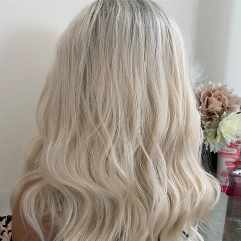 Platinum Blonde Lace Front wig With Grey Roots Thick Shoulder Wavy Synthetic Hair 16" 150% Density Ready to Ship 10% Human Hair