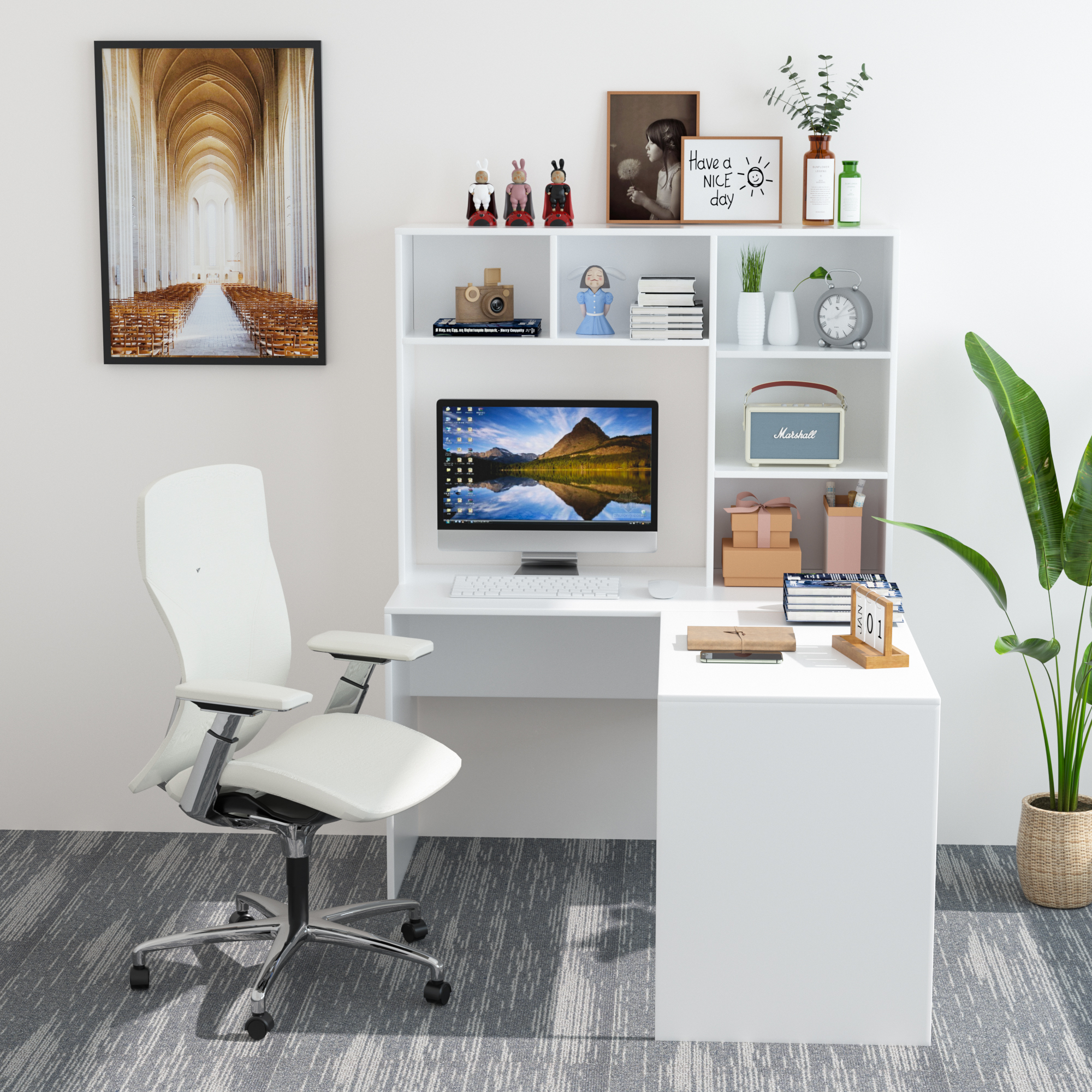 Getone Desk Corner Desk White L Shaped Computer Table Office table for Study Home Office 124.7X107.8X152.5 cm