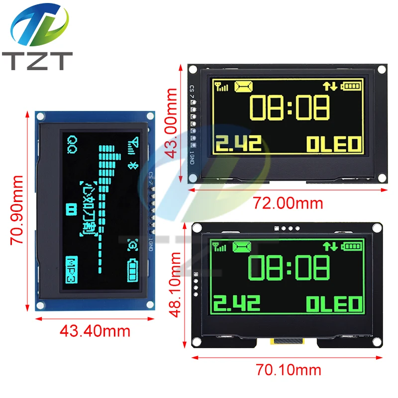 TZT 2,4 "2,42 pulgadas 128x64 módulo de pantalla LCD OLED SSD1309 12864 interfaz serie SPI/IIC I2C de 7 pines para Arduino UNO R3 C51
