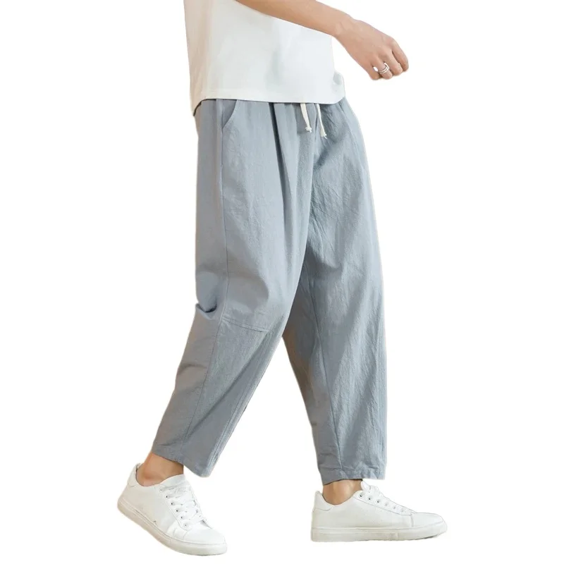 ใหม่ผ้าฝ้ายลินินบุรุษกางเกงสบายๆสีทึบBreathable StreetwearหลวมตรงDrawstring Baggyน้ําหนักเบากางเกงกีฬา