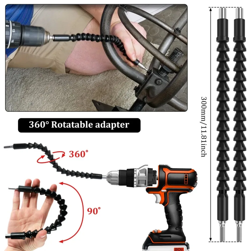 Juego de extensión de broca flexible, adaptador de enchufe giratorio, vástago hexagonal 105 °   Destornillador de taladro en ángulo recto 90 °   Kits de puntas en ángulo