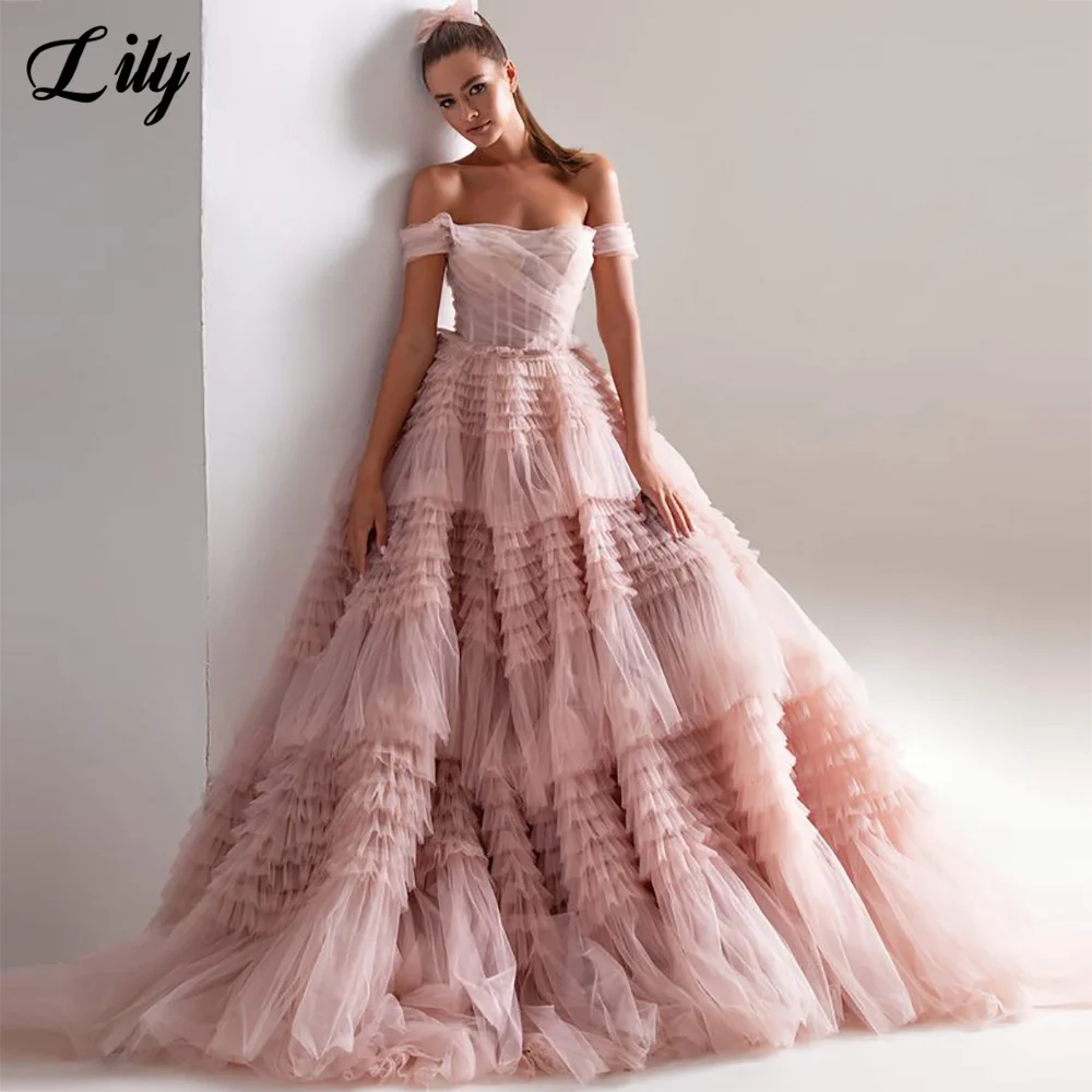 Vestido Formal de red Rosa lirio, capa escalonada sin tirantes, vestido de fiesta para boda, hombros descubiertos, vestidos para ocasiones especiales