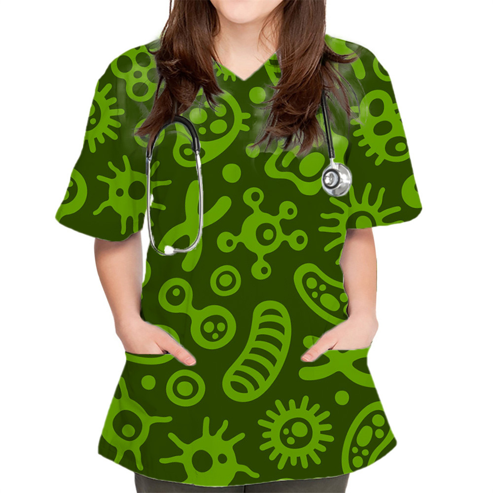 Mulheres Esfoliante Estampado com Bacteriograma, Farmacêutico, Veterinário, Enfermeira, Magra, Beleza, Roupas de Spa, Uniforme de Laboratório Médico, Moda, Novo