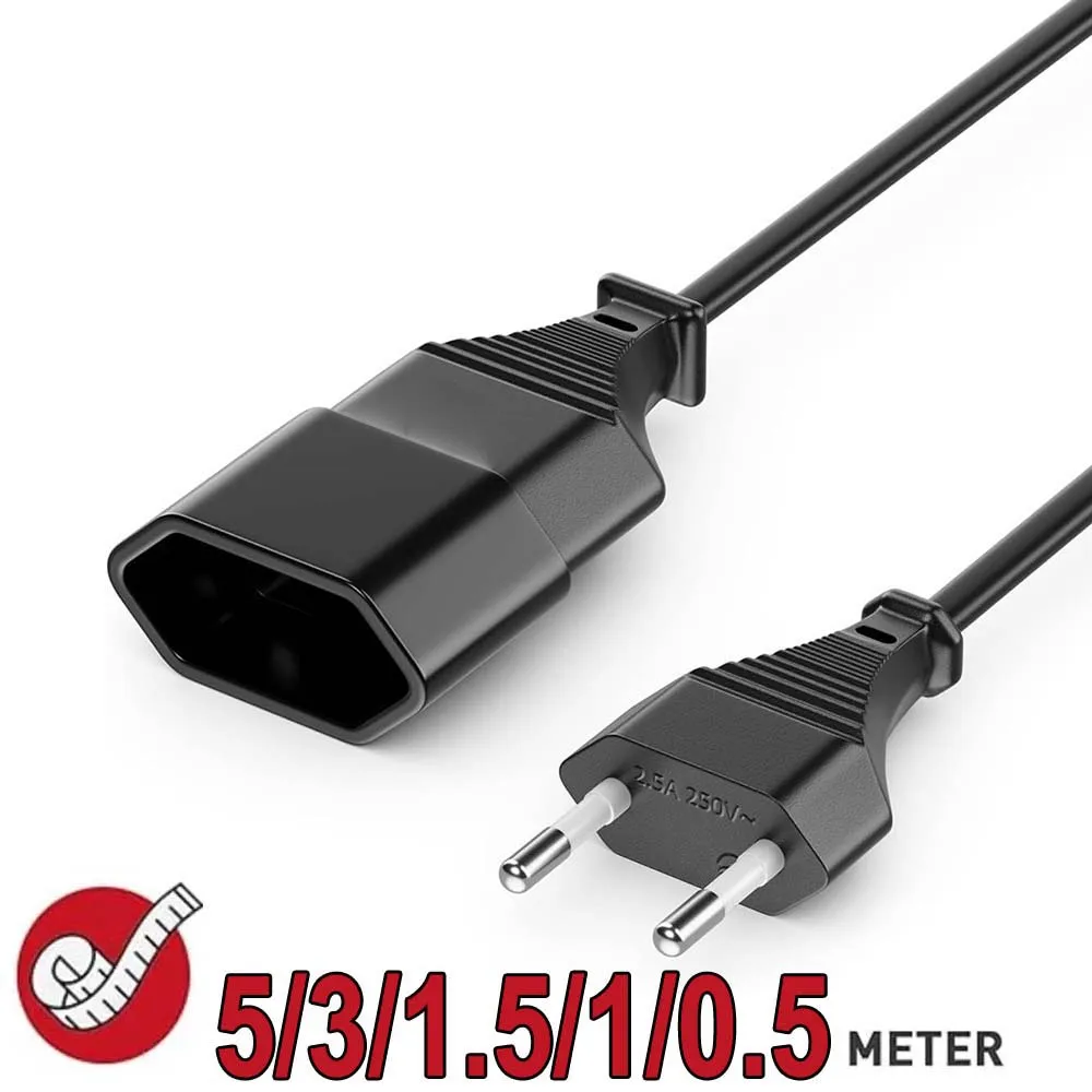 Cable de extensión de alimentación UE, 2 clavijas, Cable de extensión de alimentación europeo UE macho a hembra, 5M/3M/1,5 M/1M/0,5 M, extensión de cable de alimentación de CA UE
