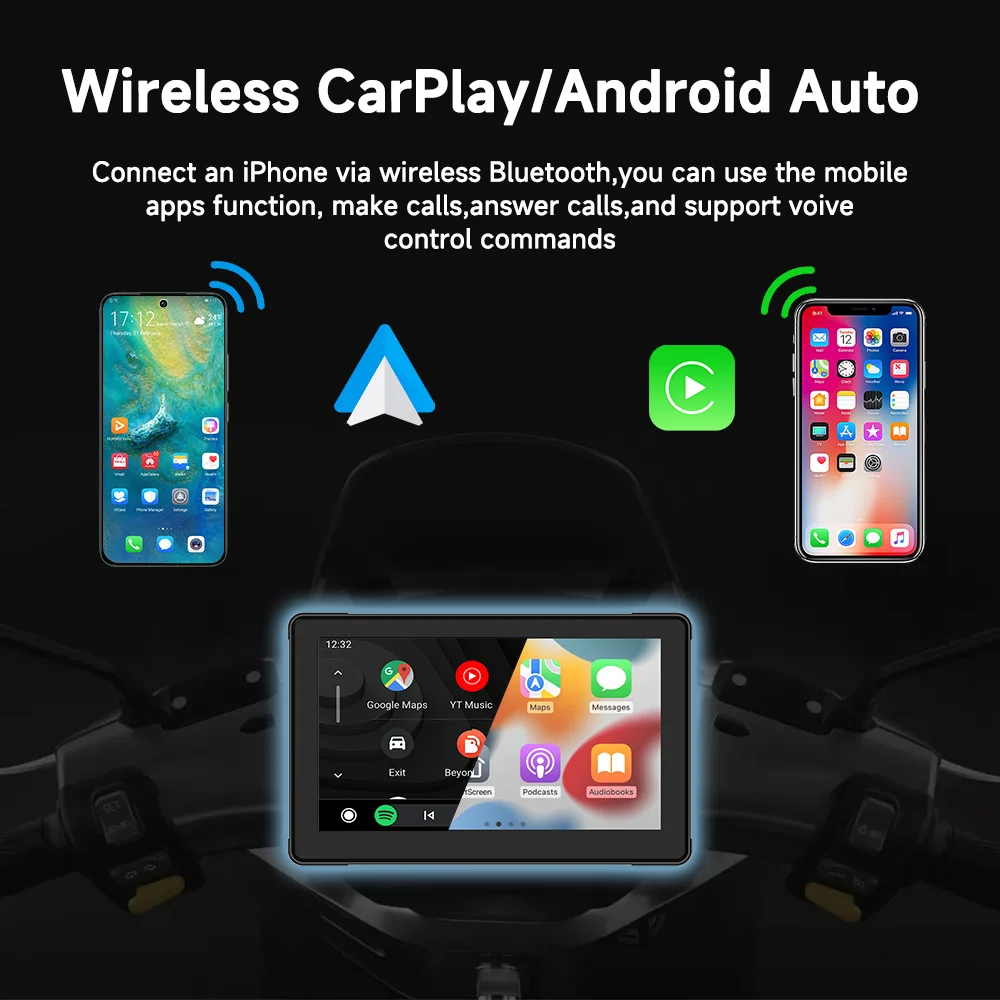 Grabadora de navegación GPS para motocicleta de 7 ", reproductor Multimedia inalámbrico CarPlay Android Auto, pantalla impermeable IP67, Bluetooth, novedad de 2024